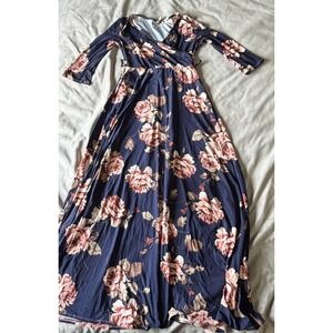 Mother Bee Maternity Navy Floral Faux Wrap Maxi Dress Pink Rose Print